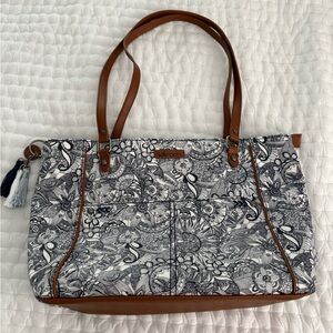 Sakroots Blue & White Floral Tote with Brown Trim